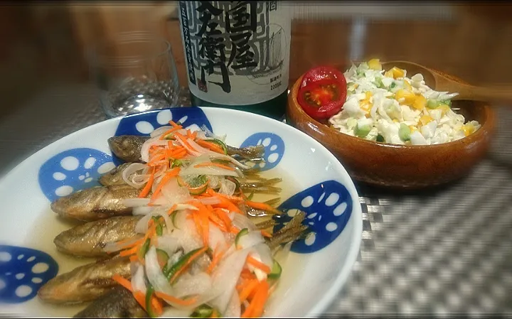 Snapdishの料理写真:豆鯵🐟の南蛮漬け
 コールスローサラダ🌱|びせんさん