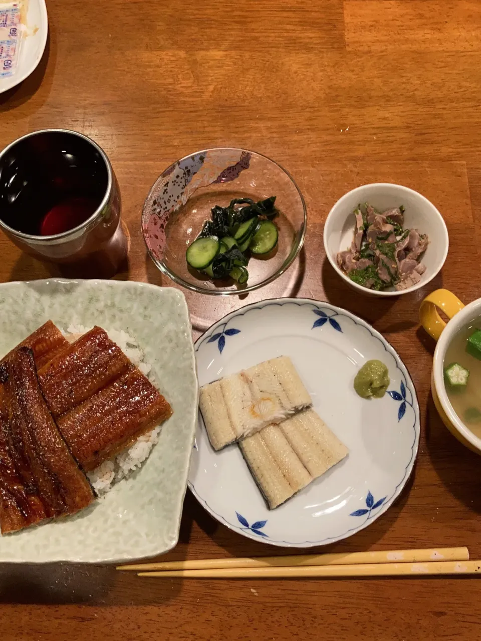 うな丼　白焼き　きゅうりもみ　砂ずりポン酢　すまし汁|なつこいっきママさん