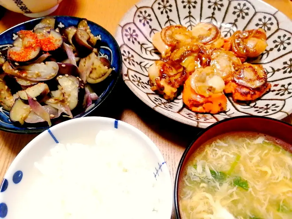 ほたてバター醤油焼き
なすとミョウガの炒めナムル
かき玉汁|いちみさん