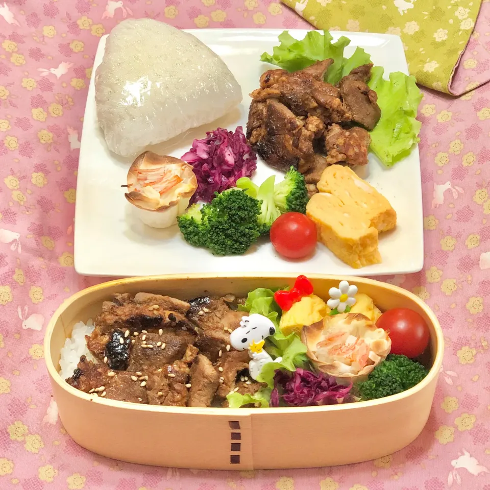 Snapdishの料理写真:豚ロース赤味噌漬け☘の💙ちゃんお弁当❤️ちゃんランチプレート　7/22水|sweet homeさん