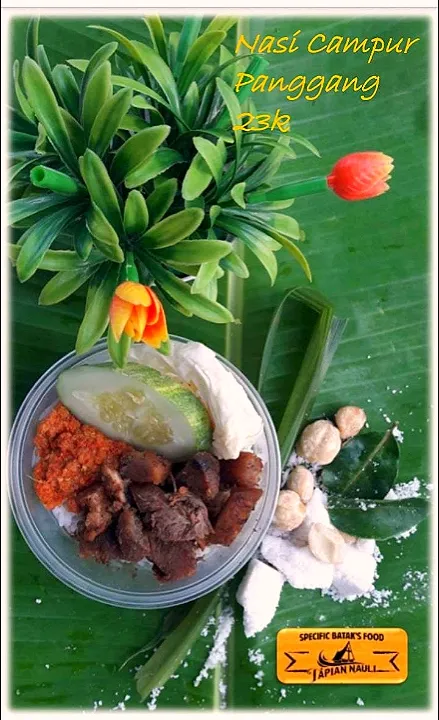 open PO, nasi campur panggang b2. (rice bowl, grill pork, vegetables, and chili sauce)|Wonxさん