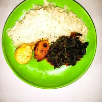 Km.hannah's dish Km.hannah's dish White Rice and Efo elegede (Squash gourd vegetable) With Fish and boiled egg|Km.hannahさん