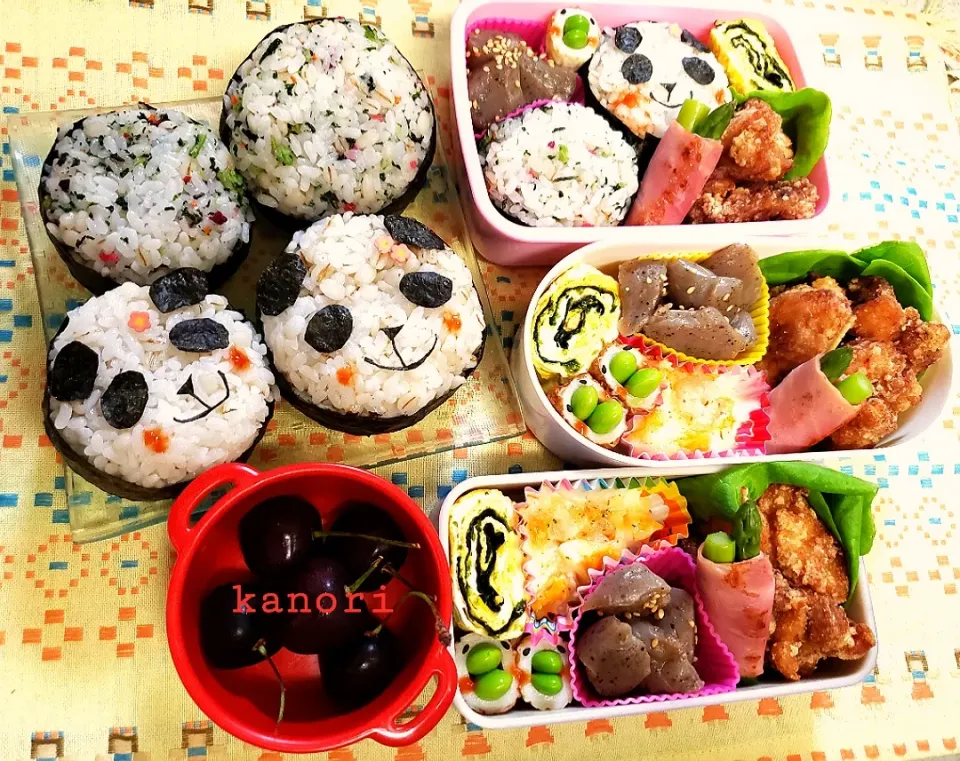 娘たちのお弁当～パンダ🐼おにぎり～|かのりさん