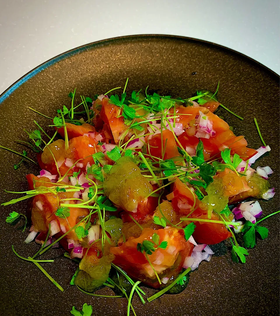 Tomato and celery sprout salad, ponzu jelly with corn silk|gonbenさん