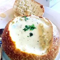 Boudin’s sourdough clam chowder bread bowl soup