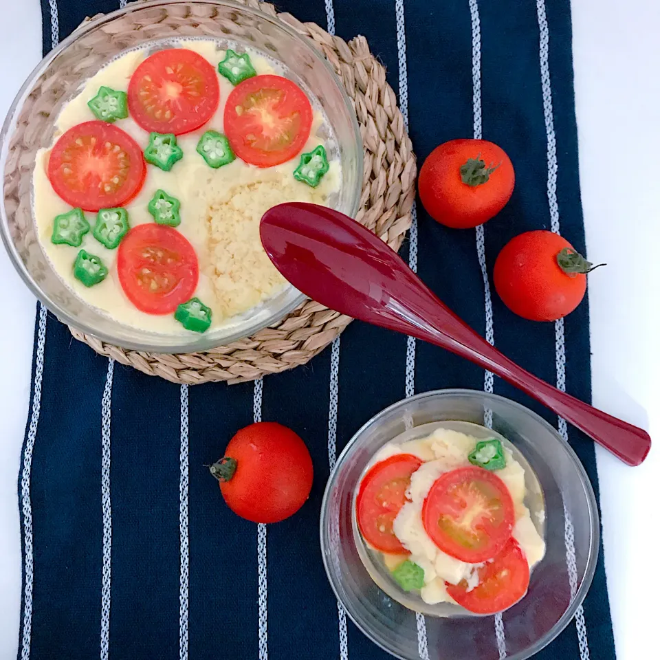 らでぃっしゅぼーやさまの絶品ミディトマト🍅を使った　トマトとオクラの茶碗蒸し◡̈♥|めぐぐさん