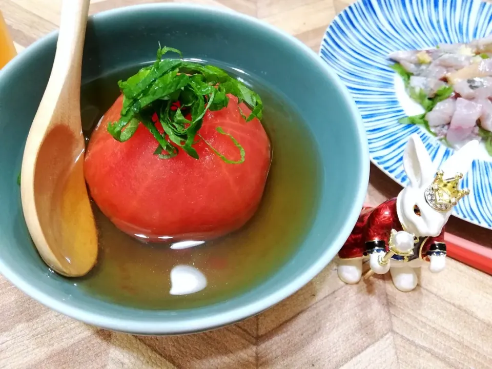 7/25
トマトの出汁びたしと鯵のたたきで晩ごはん😋|たえさん