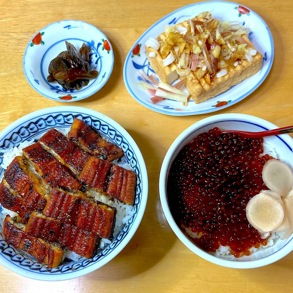 Snapdishの料理写真:晩ご飯〜🌻鰻丼&イクラ丼🔴🟠|Makokoさん