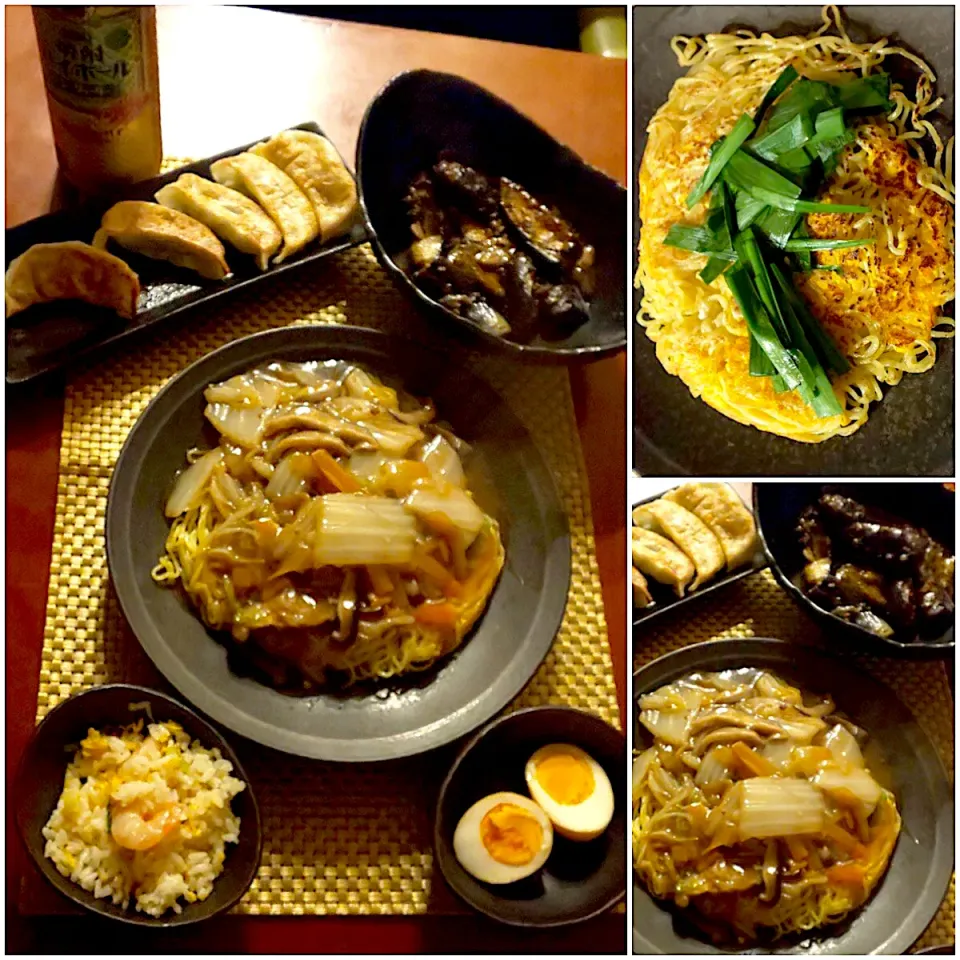 Snapdishの料理写真:Today's dinner🍴やみつき餃子･麻婆茄子･餡掛け五目焼きそば･えびれ炒飯･薫製煮卵|🌈Ami🍻さん