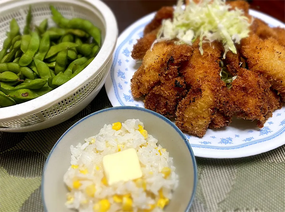 ・一口豚カツ　・丹波黒枝豆　・とうもろこしご飯|まるちゃんさん