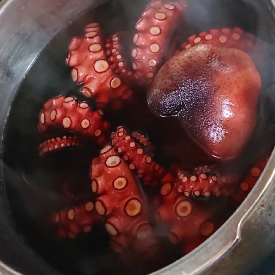 明石の大🐙釣って来てくれましたが、
かなり大きいので深鍋で🐙
🐙の匂いが充満しております💦💦|no-noさん