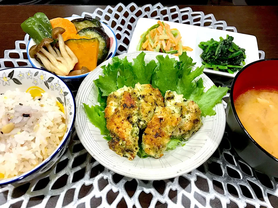 鶏胸肉ののり塩焼き、野菜の揚げ浸し|Aさん