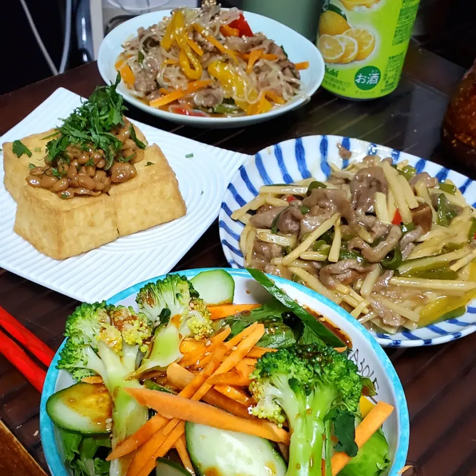 男子ごはん🍚🍴で、
奥の料理から…😌
しらたきチャプチェ
厚揚げの納豆のせ
牛肉の青椒肉絲
サラダ🥗|dai.noriさん