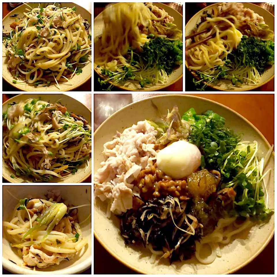 Midnight meals🌝ねばとろさっぱり混ぜうどん🌀温玉･豚しゃぶ･松前漬･納豆･梅ひじき･ｵｸﾗ･茗荷･紫蘇･葱･かいわれ大根|🌈Ami🍻さん