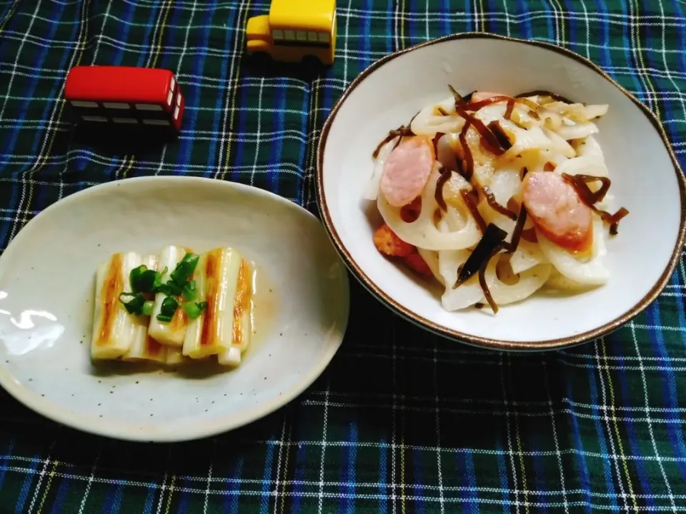 長ネギの焼き浸しとれんこんの塩昆布バター|花ママさん