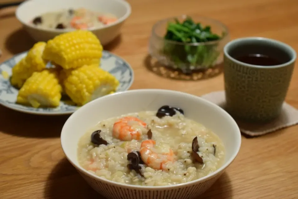 Snapdishの料理写真:海老粥とニラのナムル|うにんぱすさん