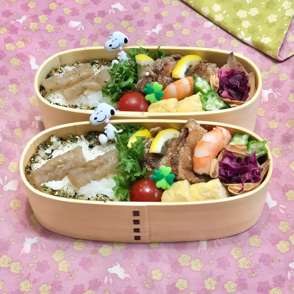 鶏モモ唐揚げ☘の双子ちゃんお弁当💙❤️ 7/27月|sweet homeさん