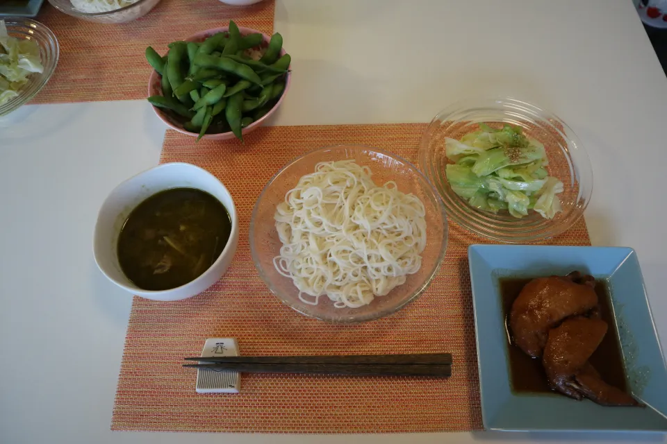 今日の夕食 グリーンカレー、そうめん、手羽先の味噌煮、キャベツサラダ、枝豆|pinknari🐰🌈さん