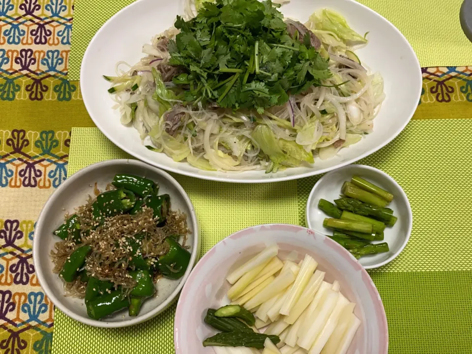 牛肉と春雨のタイ風サラダ、万願寺とうがらしじゃこ炒め、アスパラのおひたし、セロリのぬか漬け|peanutsさん