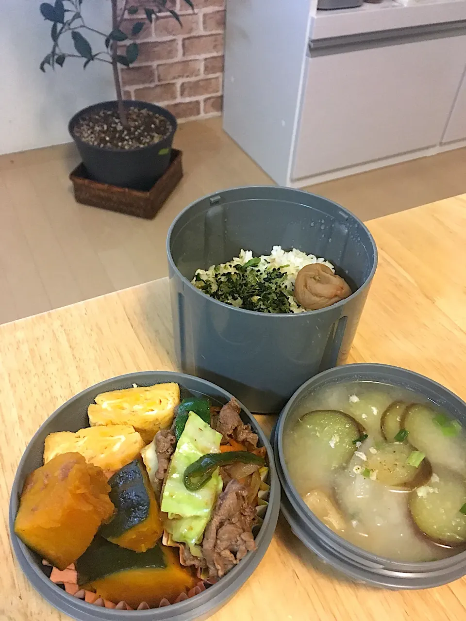 今日の旦那さんお弁当´◡`卵焼き、かぼちゃの煮物、焼肉風炒め、なすのお味噌汁、ご飯|さくたえさん