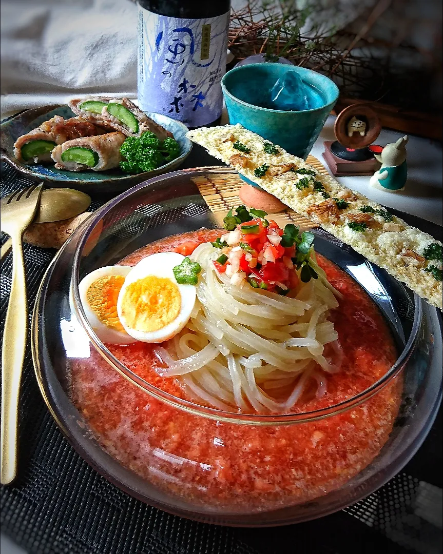 トマトサルサ冷麺とキュウリの肉巻き|jusさん