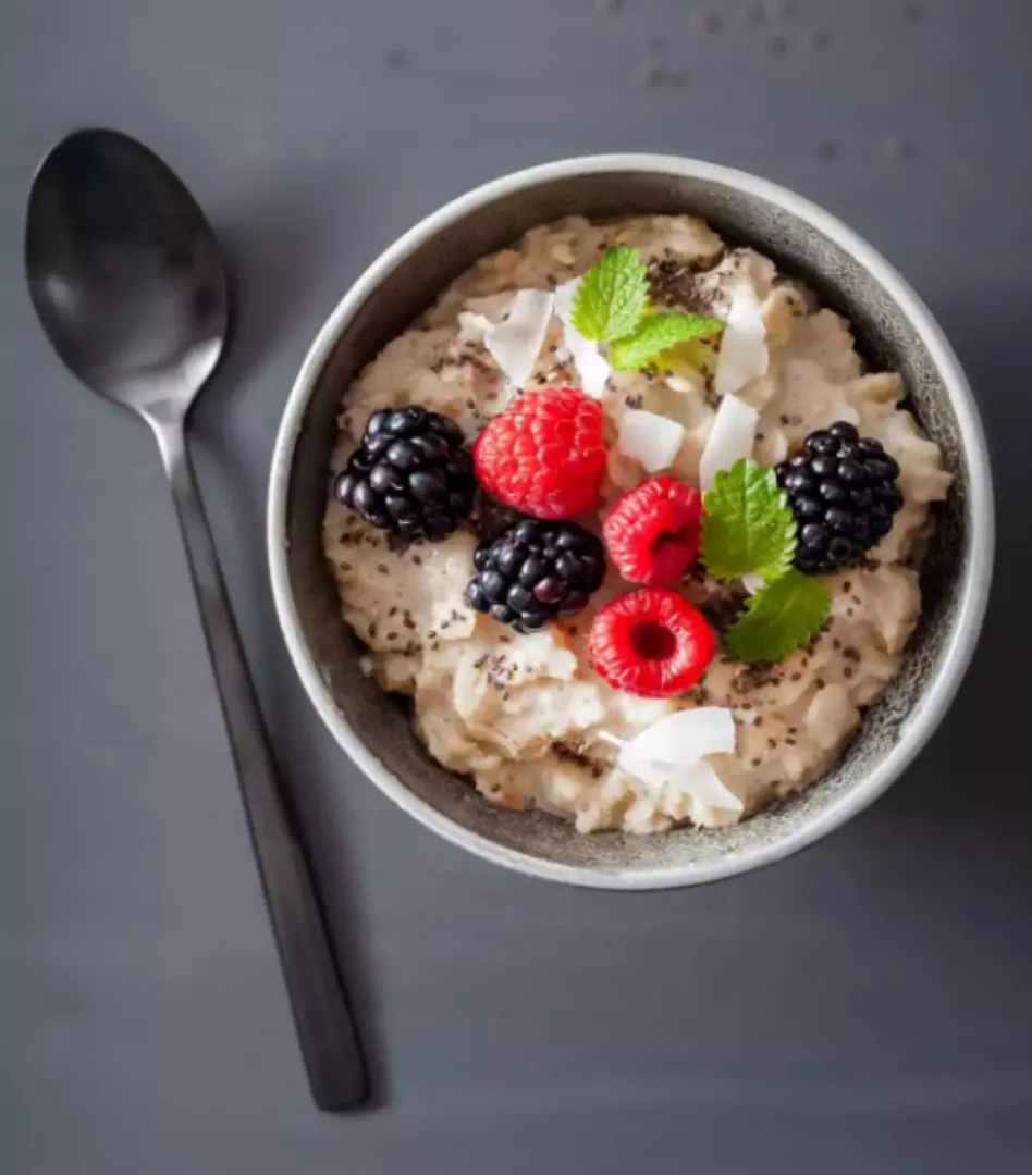 Barley Flakes Porridge with crushed raspberries, apple sticks, & chia seeds|Swaad India Kaさん