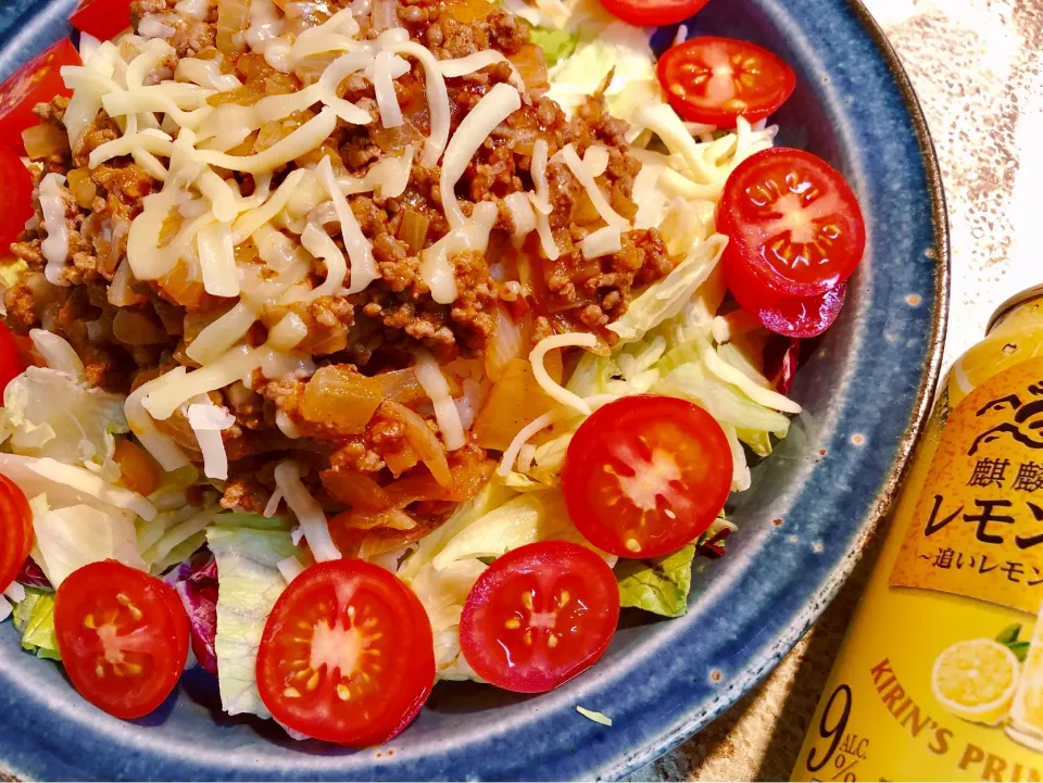 今夜、私が頂くのはタコライス😊🍺野菜多めで、ご飯少なめ👍痩せれない訳だ😅|海斗さん