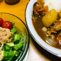 Snapdishの料理写真:カレーと水菜オクラサラダ|かげぞさん