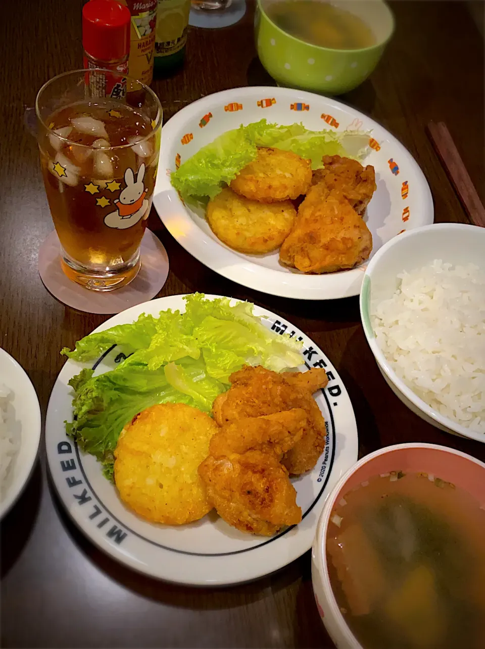 フライドチキン　フライドポテト　厚揚げとわかめのお味噌汁|ch＊K*∀o(^^*)♪さん