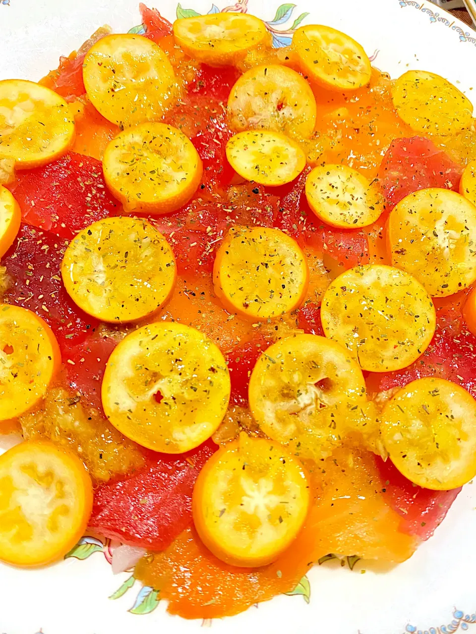 Snapdishの料理写真:マグロとサーモンと金柑のカルパッチョ|OLの気ままご飯🍽さん