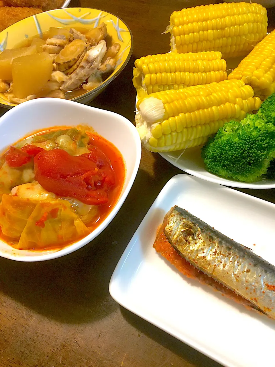 ロールキャベツ、いわし明太、大根ホタテ煮、とうもろこし、ブロッコリー|ゆうこさん