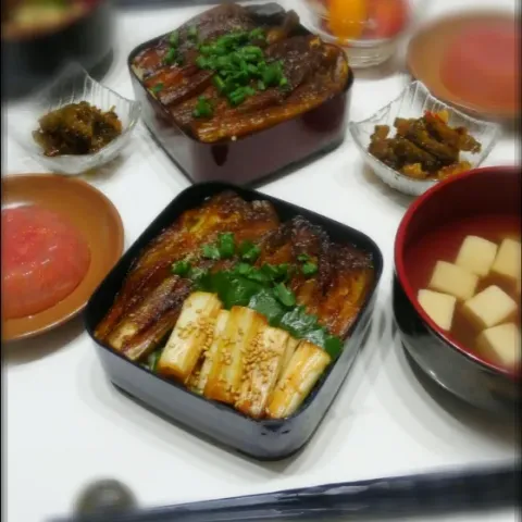 「ねぎ」を使ってみたSnapdishの料理・レシピ写真:鰻に見えたら大成功な茄子重
葱のバター醤油焼き添え