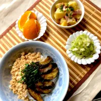 Snapdishの料理写真:鶏そぼろとナスの照り焼き丼|わいわいさん