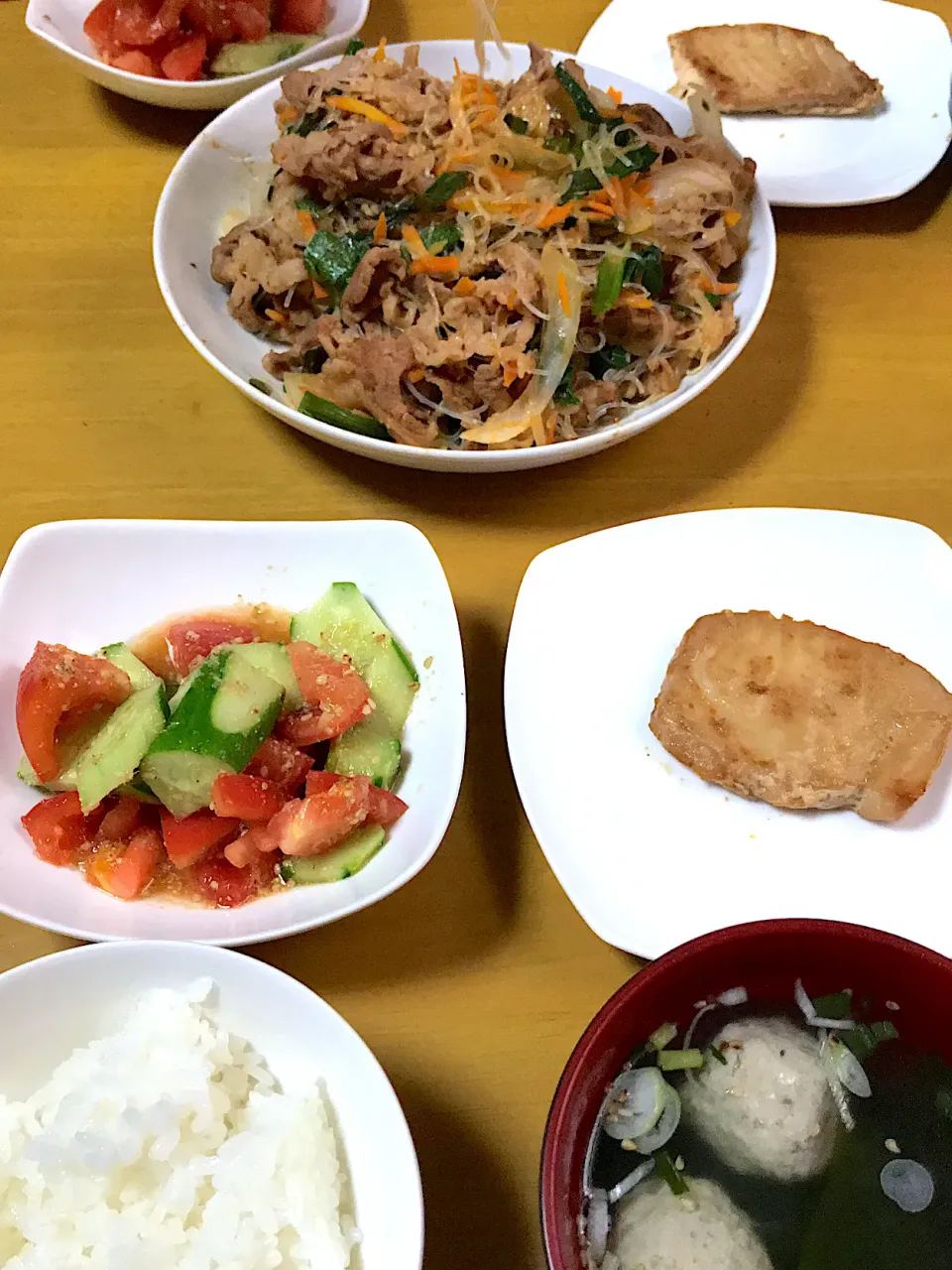 Snapdishの料理写真:#プルコギ
 #カジキバターソテー
 #キュウリトマトの中華ゴマ和え
 #つみれスープ|𝕜𝕪𝟙𝟘𝟚𝟘𝟙𝟠さん