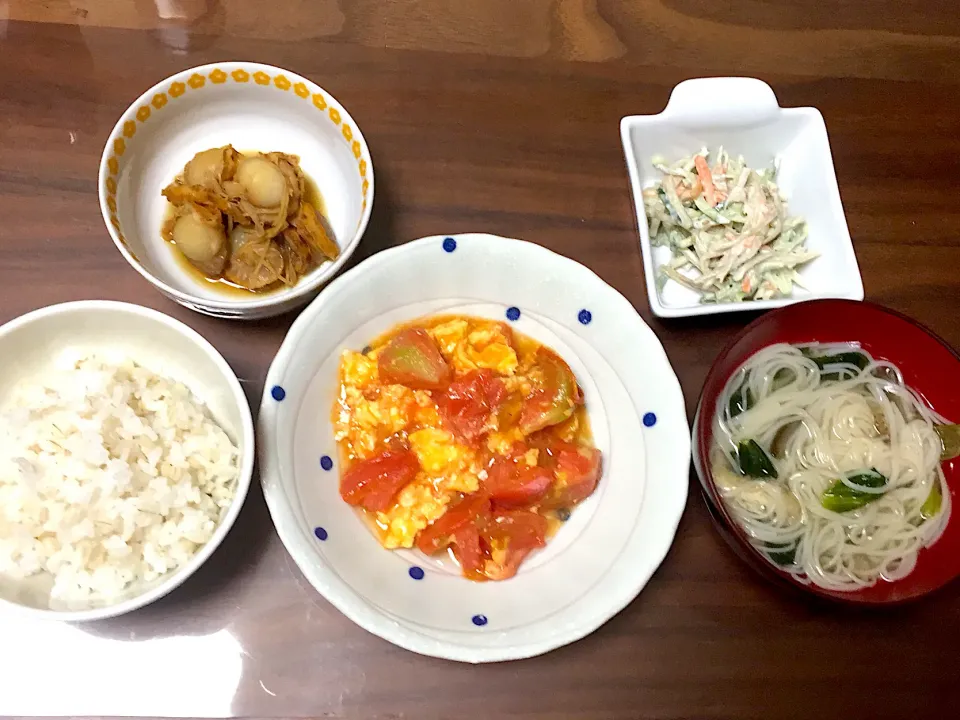 トマトと卵の炒め物 なすと青菜の煮麺 ごぼうサラダ ベビーホタテのさっと煮|おさむん17さん