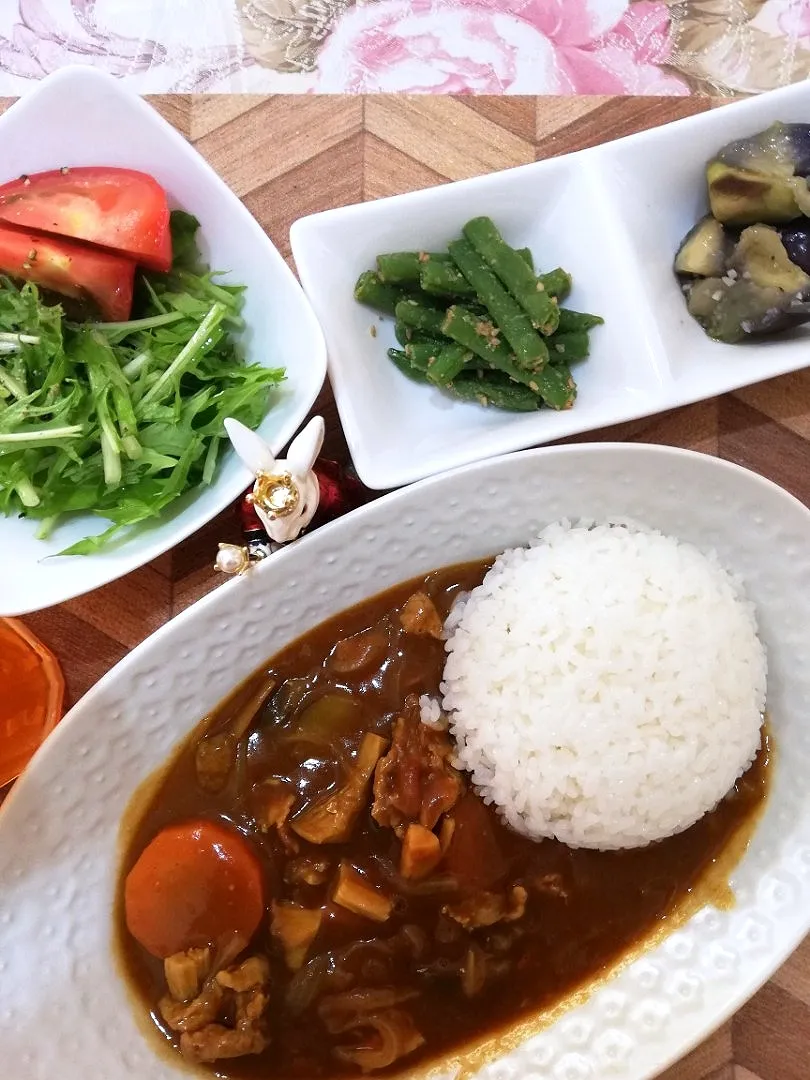 Snapdishの料理写真:8/5
カレーと作りおきで晩ごはん😋|たえさん