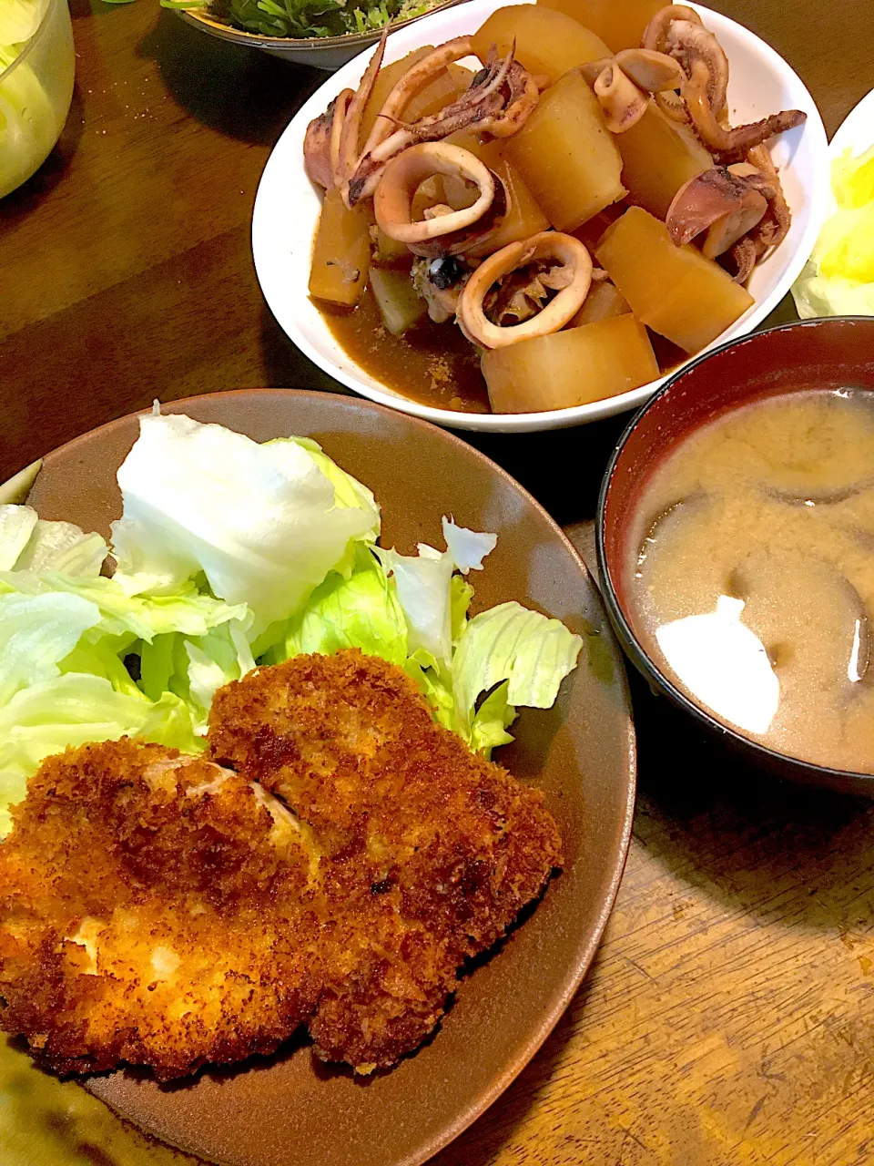 豚かつ、大根とイカのわた煮、ナスと揚げの味噌汁|ゆうこさん