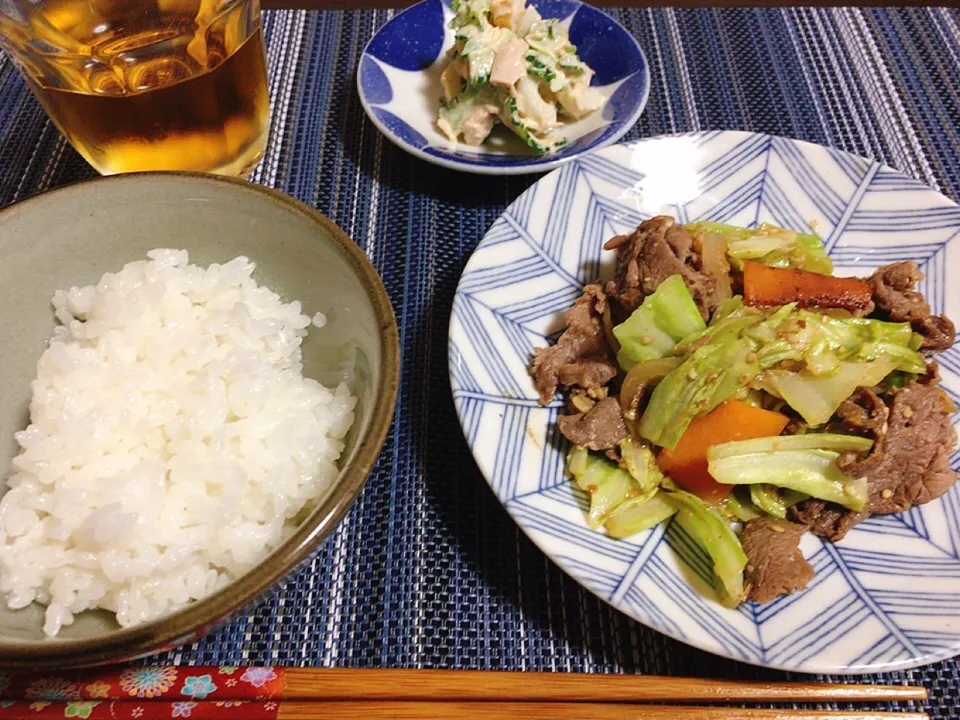 牛肉とキャベツの味噌炒め、ゴーヤのツナマヨサラダ|ちぐあささん