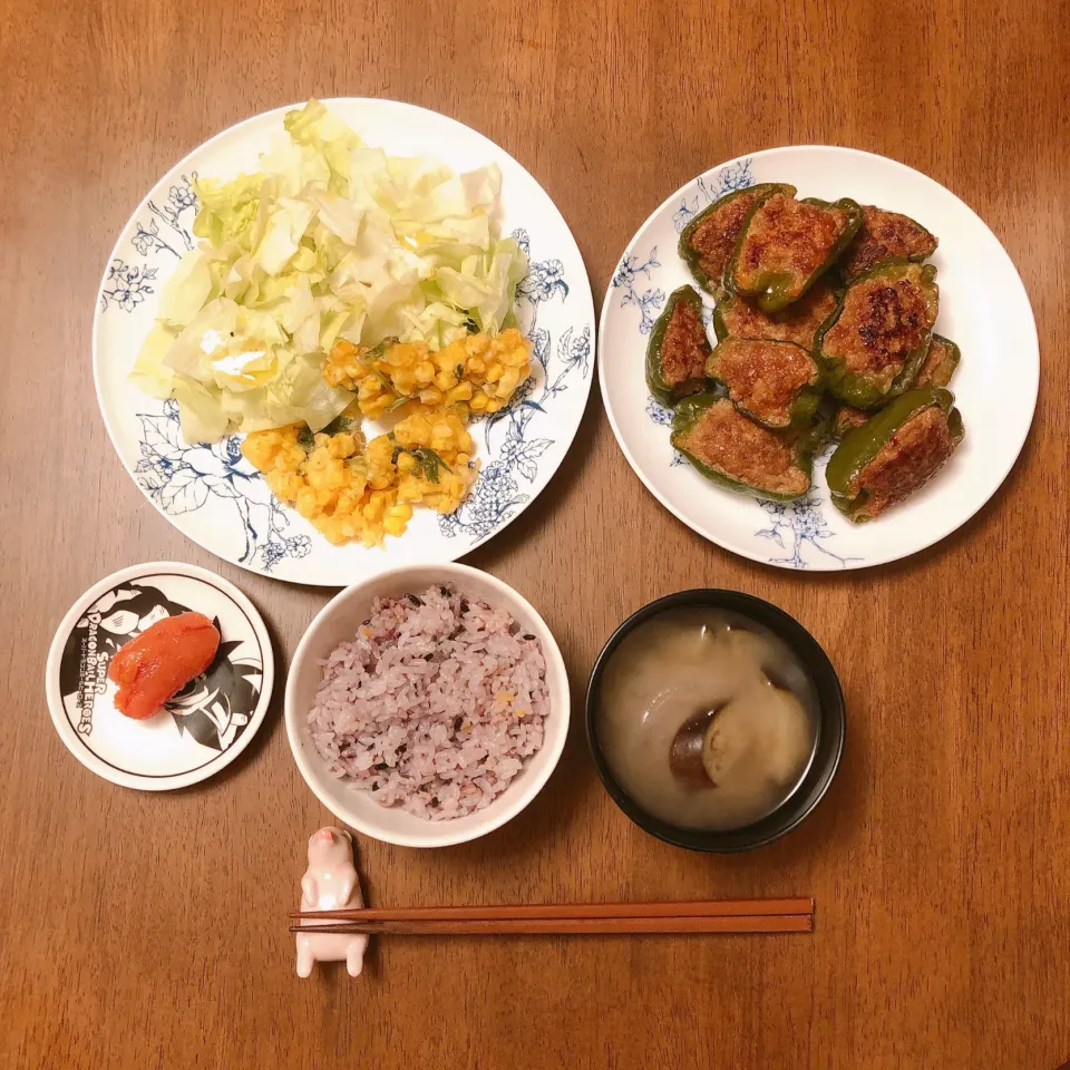 ピーマンの肉詰め、レタスサラダととうもろこしのかき揚げ、茄子と玉ねぎの味噌汁、辛子明太子、五穀ごはん|薫子さん