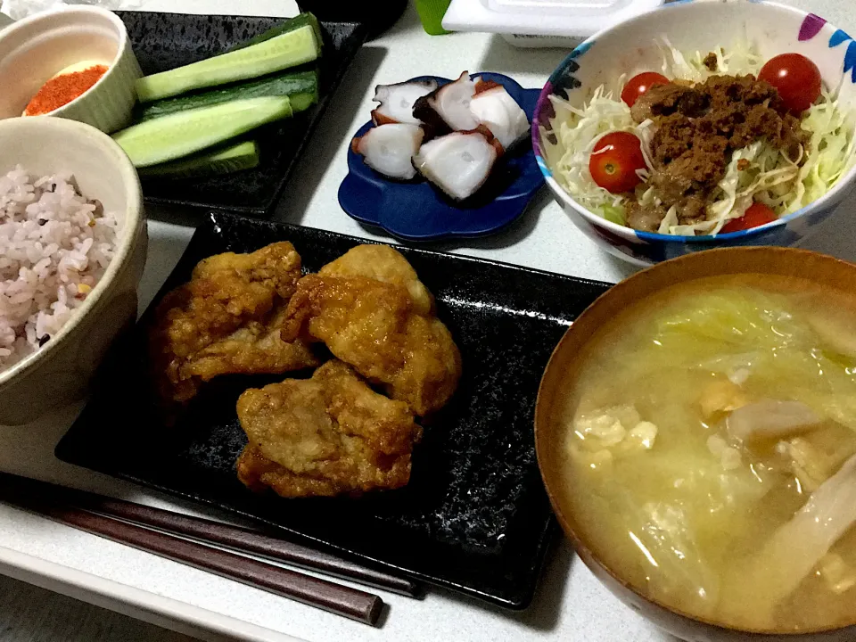 唐揚げ＊タコの刺身＊きゅうりの明太子DIP|かっすーさん