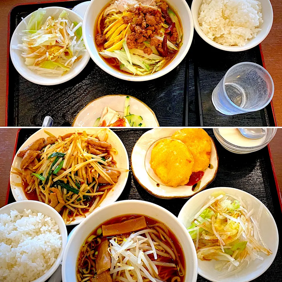 Snapdishの料理写真:台湾冷麺、棒棒鶏、胡瓜と木耳炒め、サラダ、杏仁豆腐、薩摩芋天ぷら、もやしのケイちゃん風|yakinasuさん