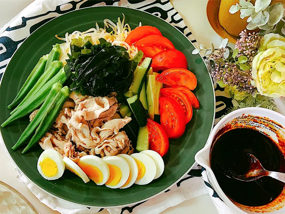 豚の冷しゃぶサラダ甜麺醤ソース|ふわくまさん