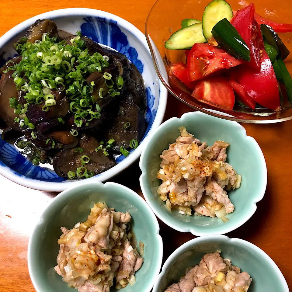 なすの煮物、きゅうりとトマトの中華風、せせりポン酢|久美子さん