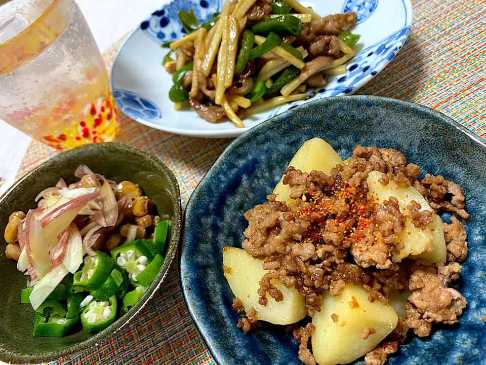 オクラ納豆、ジャガイモひき肉炒め、青椒肉絲|ずずさん