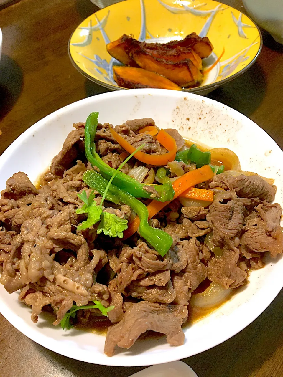 牛コマ焼肉炒め、かぼちゃ揚げ|ゆうこさん