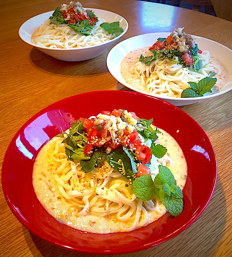 Snapdishの料理写真:ごまと豆腐の韓国風豆乳うどん(そうめん)|Satomi Sakaueさん