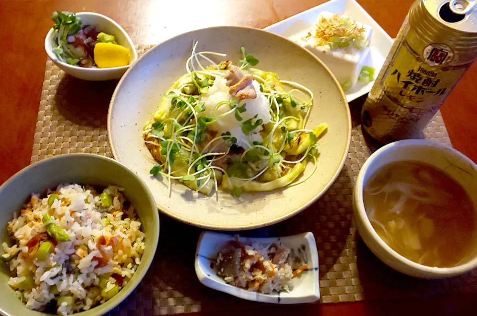 Today's dinner🍴卯の花･ﾀｺのお刺身･冷奴･鮭とｱｽﾊﾟﾗのさっぱり紫蘇檸檬酢混ぜご飯･焼き茄子と鶏のおろしぽん酢和え･茗荷と葱のお吸い物|🌈Ami🍻さん