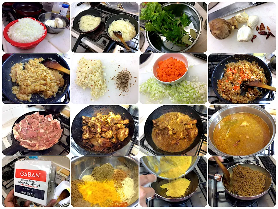 三日間かけて作るカレーの１日目は、ひたすら玉ねぎ炒め、擦った人参とみじん切りのセロリを入れて炒めること３時間。鶏肉は塩胡椒してカリッと焼いて大津屋のカレー粉で更に炒めてスープにイン。弱火でコトコト。GABAN のカレー粉セットを軽く炒めて明日まで熟成。今日はここまで。|Takeshi  Nagakiさん