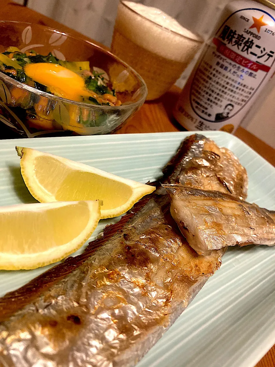 太刀魚の塩焼きとモロヘイヤ納豆で😋🍻🎶✨|アイさん