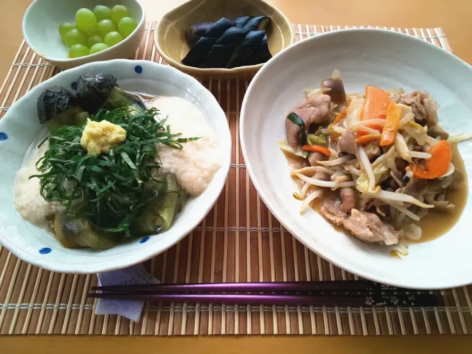 Snapdishの料理写真:未起さんの焼き茄子の長芋がけと肉野菜炒め|真希さん